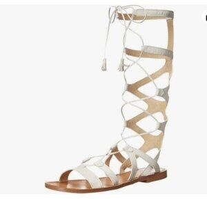 YDN Women Knee High Lace up Flats Fringe Low Heel Gladiator Strap Sandals White